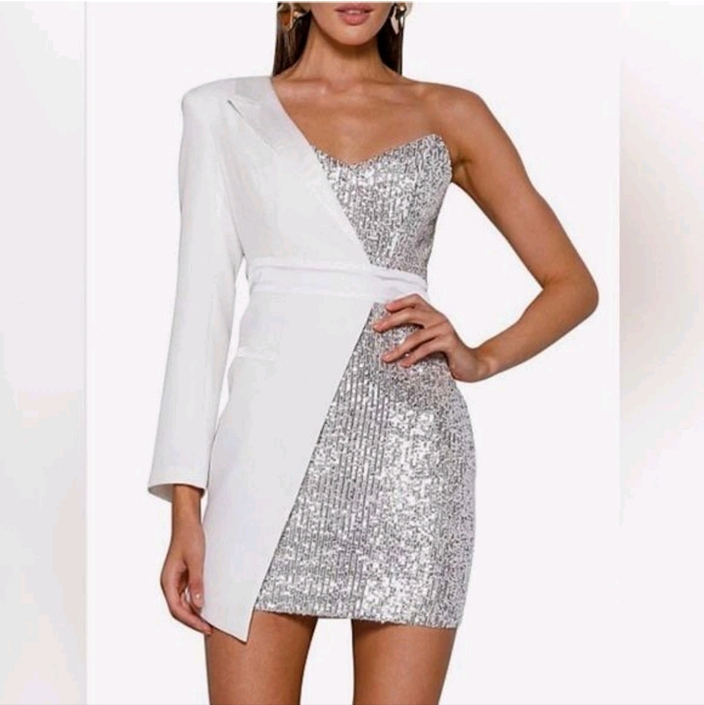 Elle Zeitoune White One Shoulder Sequin Mini Dress Size XS